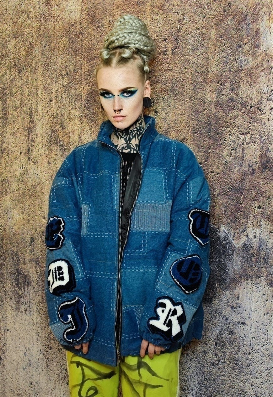 Reworked denim patch bomber jean puffer jacket in blue check
