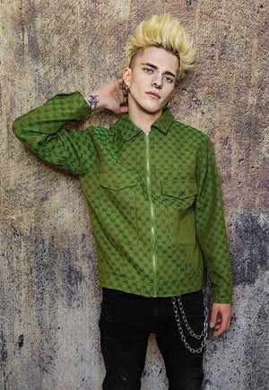 Letter print aviator jacket retro jacquard bomber in green