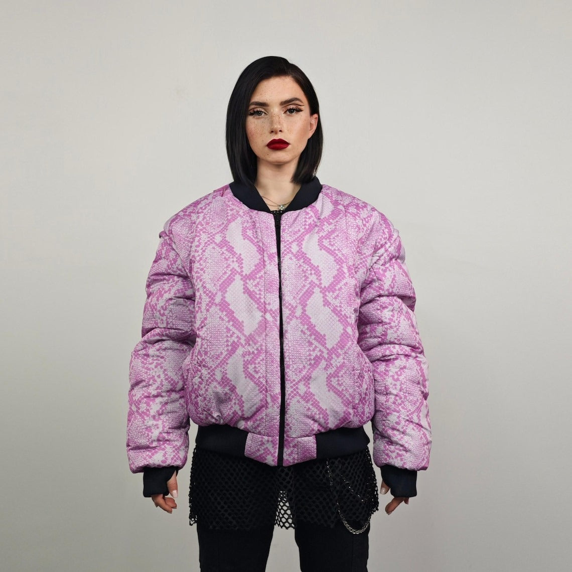 Pink snake bomber python print jacket raver reversible college varsity detachable sleeves handmade crocodile puffer grunge punk rocker coat