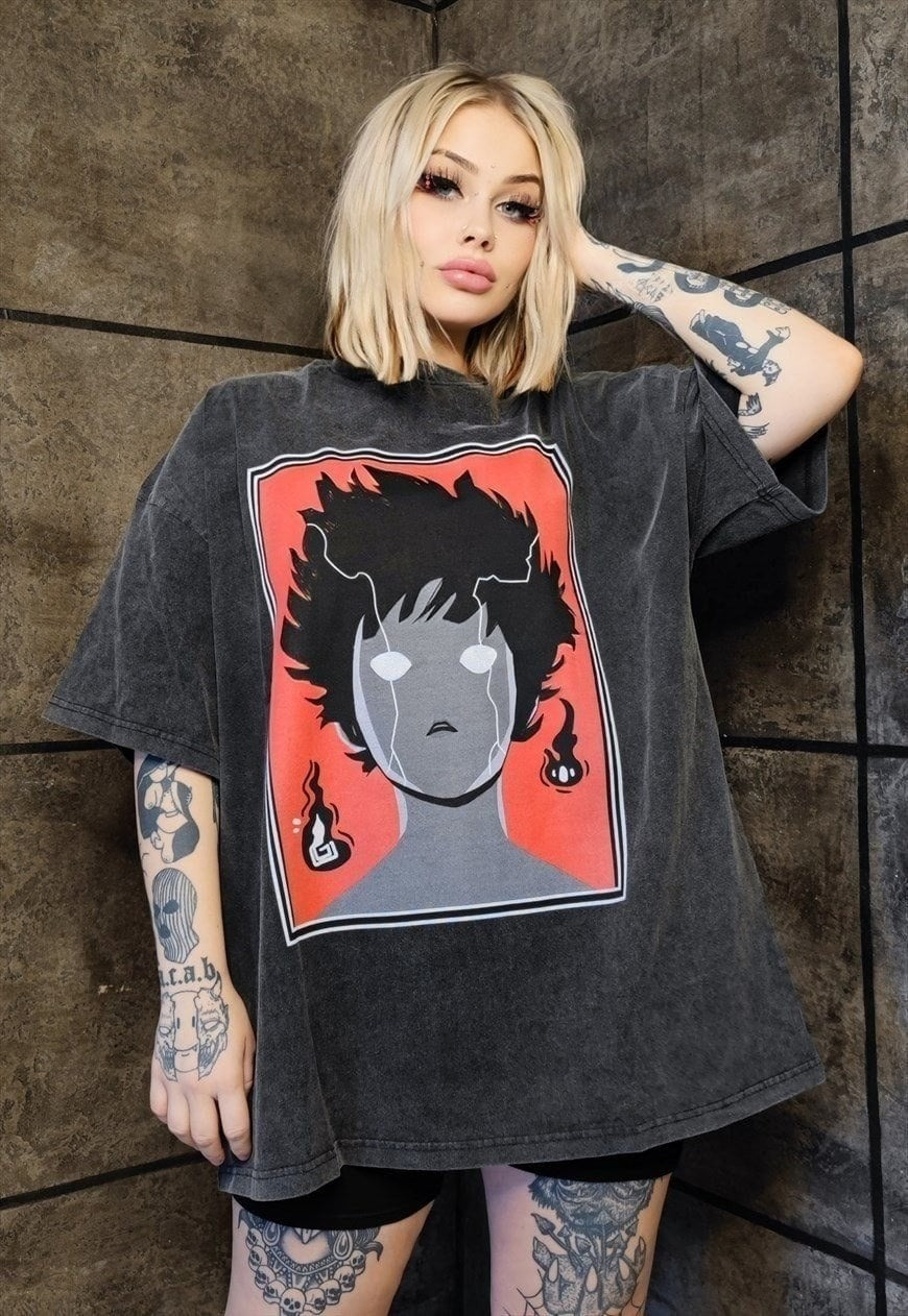 Anime t-shirt premium vintage wash grunge tee in grey