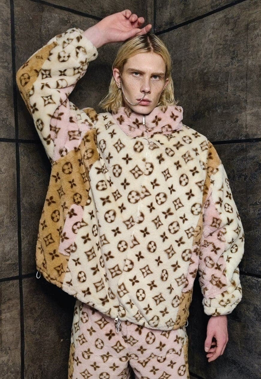 LV fleece jacket reworked faux fur fluffy bomber cream