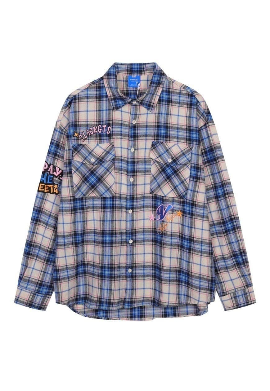 Retro check shirt long sleeve vintage wash top in blue