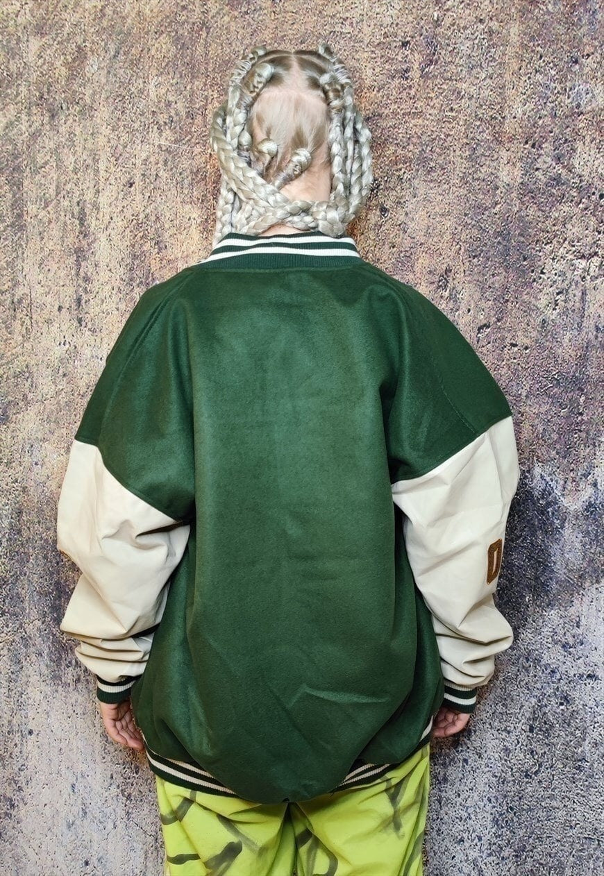 College baseball varsity jacket faux leather bomber in green