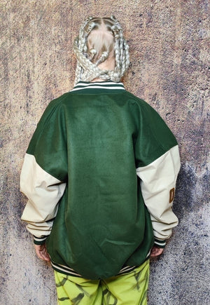 College baseball varsity jacket faux leather bomber in green