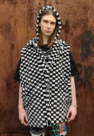 Chequerboard fleece jacket handmade 2 in 1 check coat black