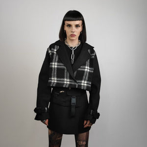 Detachable coat color block trench plaid utility jacket checked gorpcore bomber 2 in 1 crop coat multi functional punk jacket in black