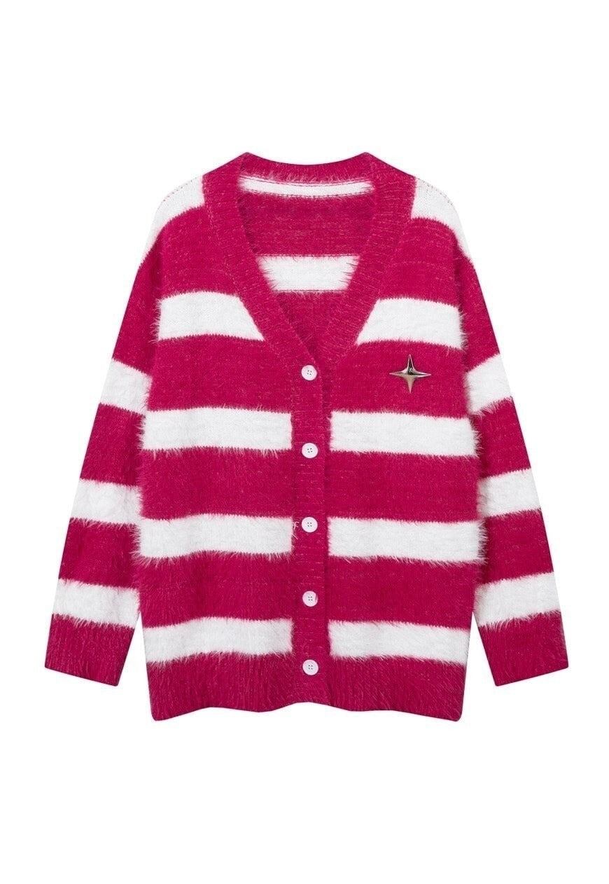 Fluffy striped cardigan fuzzy zebra jumper knitted top white