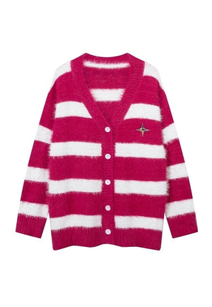 Fluffy striped cardigan fuzzy zebra jumper knitted top white