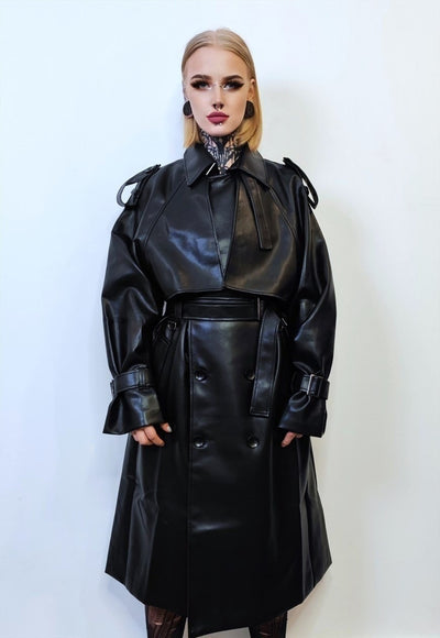 Faux leather trench coat double breasted dominatrix jacket