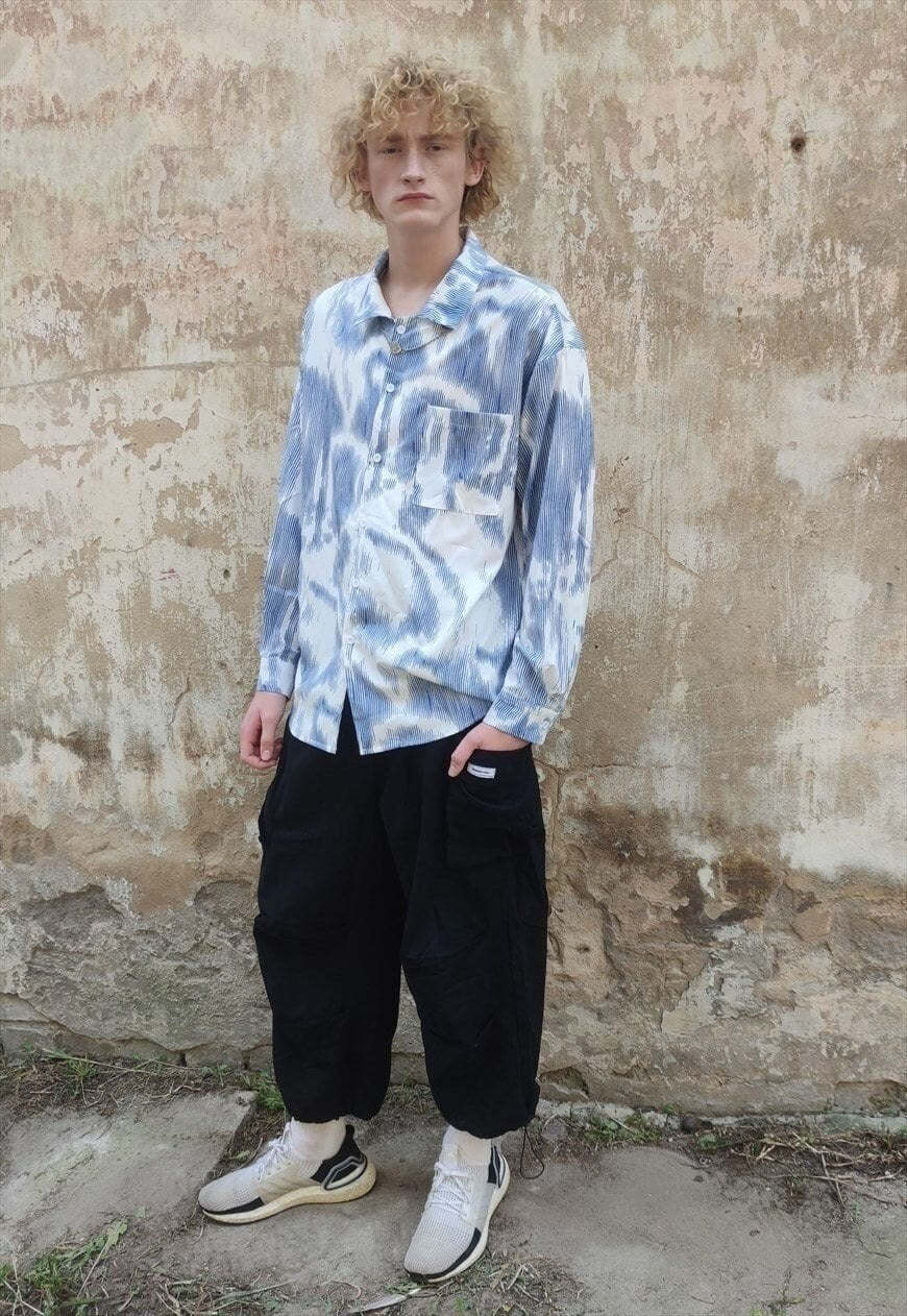 Stripe print shirt paint splatter silky top in blue white