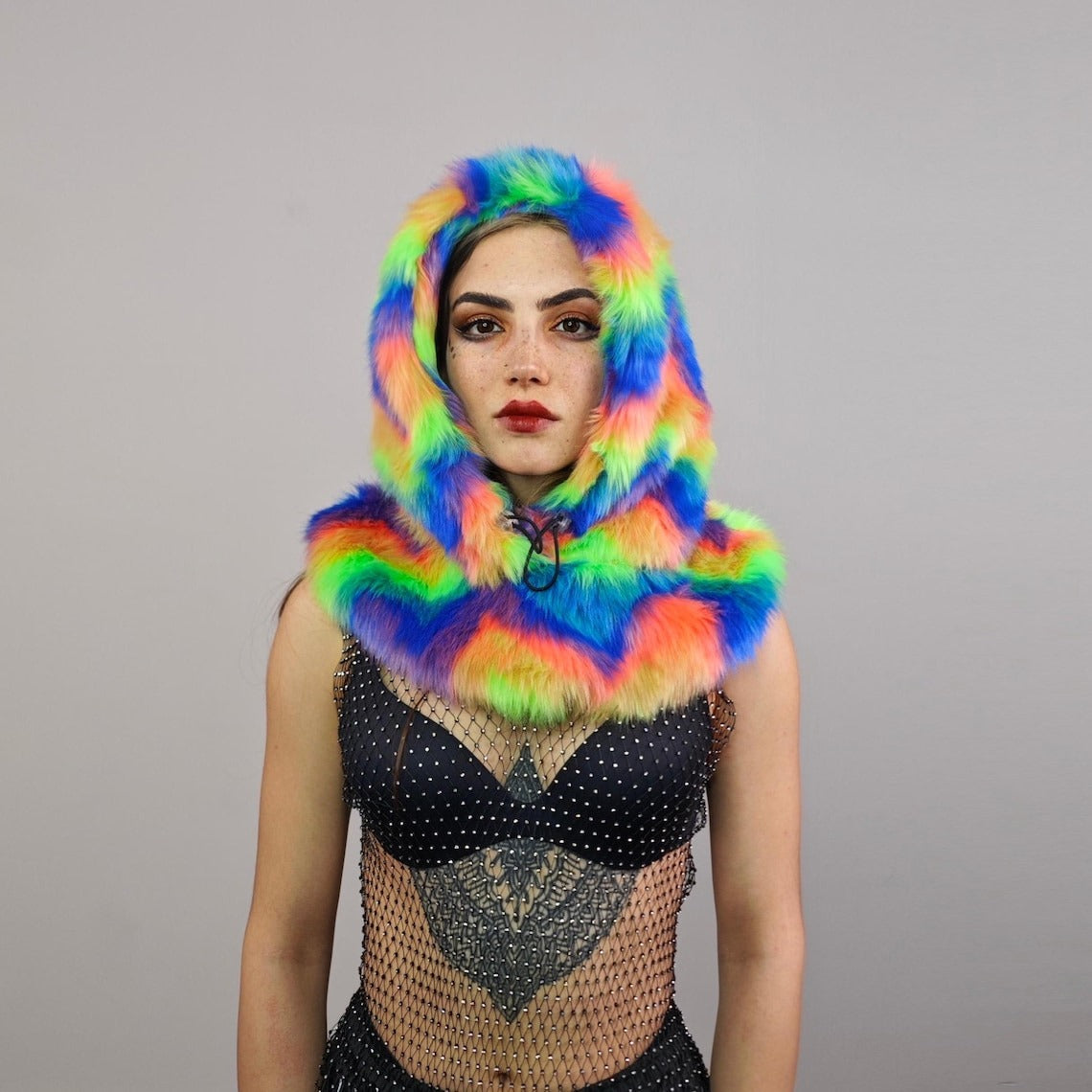 Faux fur hood rainbow snood handmade hooded unicorn hat all over fluffy rave fleece scarf unisex burning man striped bucket grunge headwear