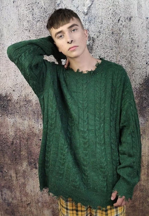 Cable knit sweater distressed top ripped jumper in green