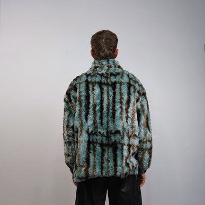 Tie-dye faux fur jacket striped coat grunge fleece imitation bomber short fluffy coat festival overcoat gorpcore sports peacoat green brown