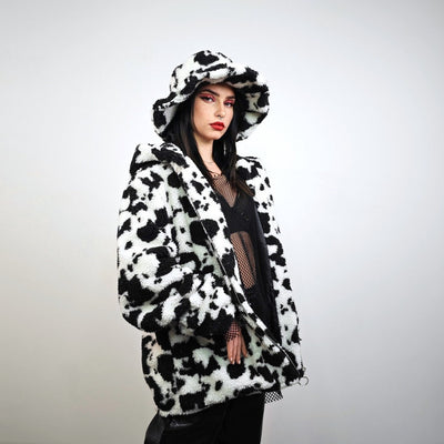 Cow fleece jacket white hooded animal print bomber festival coat furry overcoat spot print  pullover Dalmatian jumper psychedelic rave top