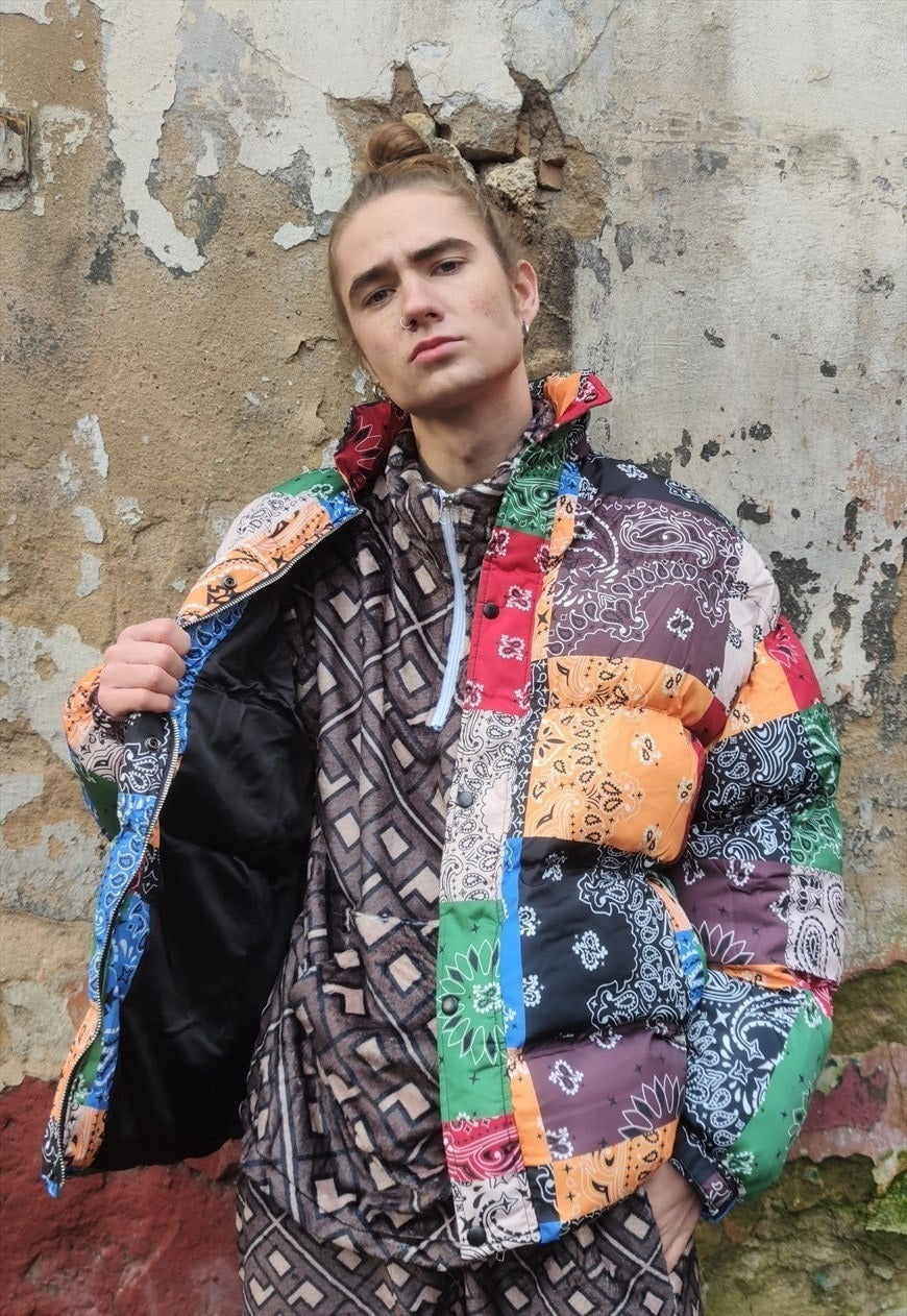Paisley bomber bandanna print puffer quilted jacket in multi