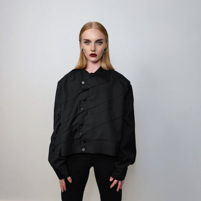 Asymmetric catwalk jacket going out shirt bomber Gothic top punk blouse rocker jumper long sleeve psychedelic pullover in black