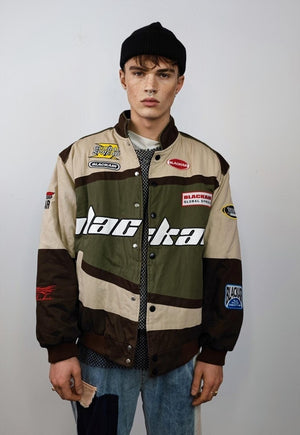 Racing denim jacket patch padded motorcycle bomber in brown