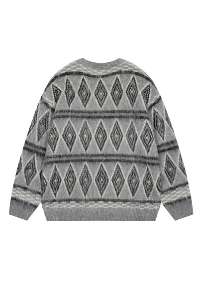 Fluffy geometric sweater diamond pattern hairy mohair jumper