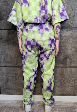 Tie-dye check print joggers handmade chess raver pants green