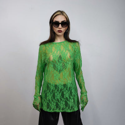 Long sleeve lace top crochet jumper sheer lace t-shirt see-through sweatshirt punk pullover transparent party t-shirt catwalk tee in black