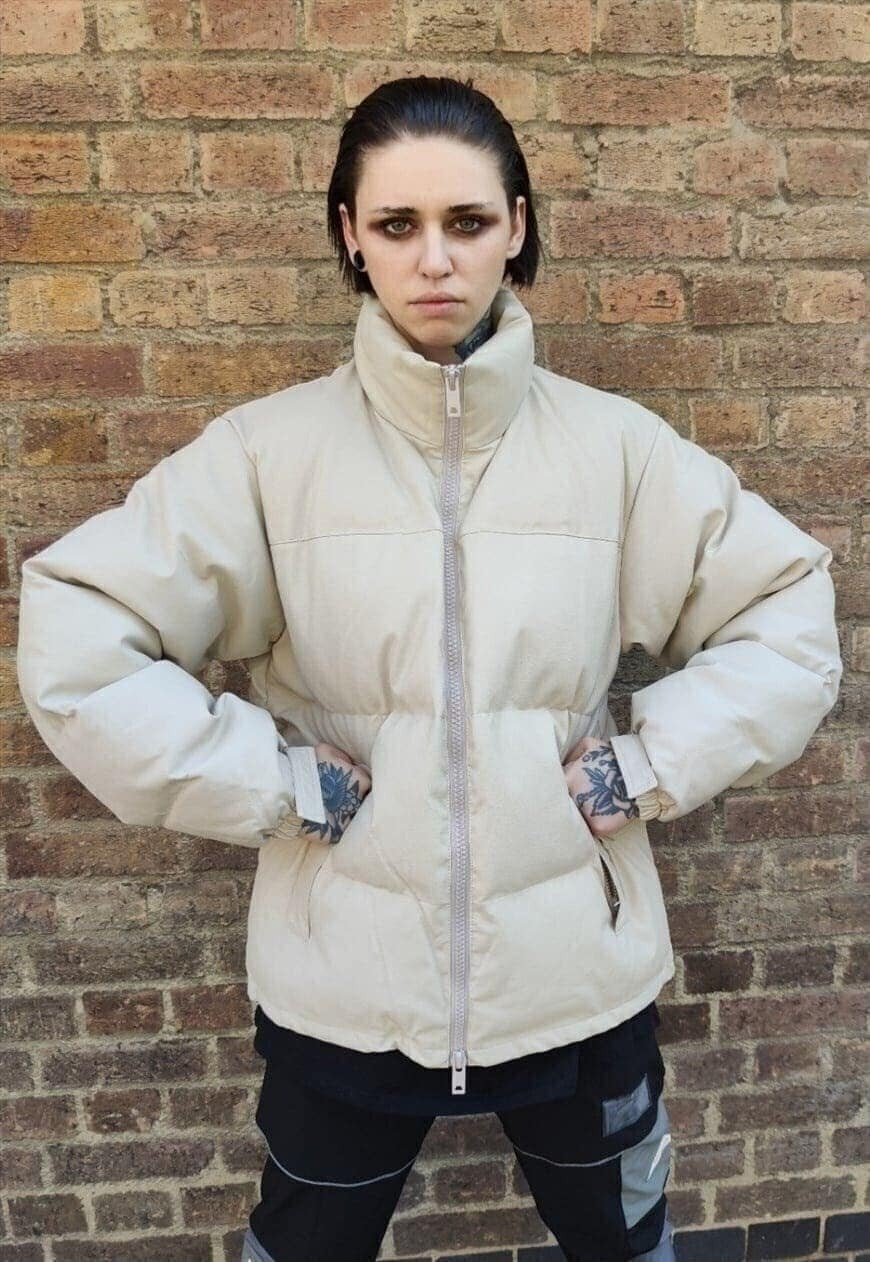 Faux leather quilted bomber rubber feel padded jacket cream