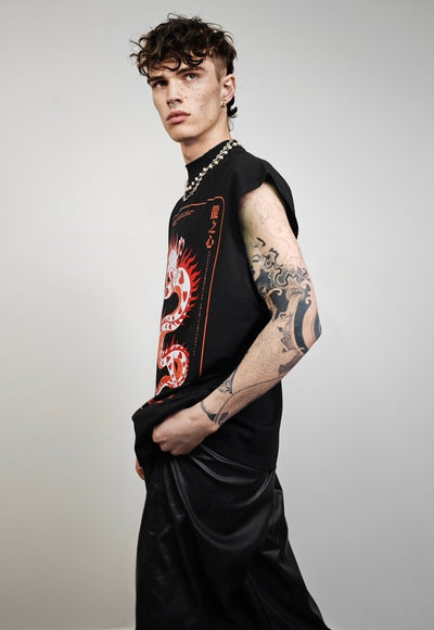 Dragon print vest Y2K surfer tee surfer tank top in black