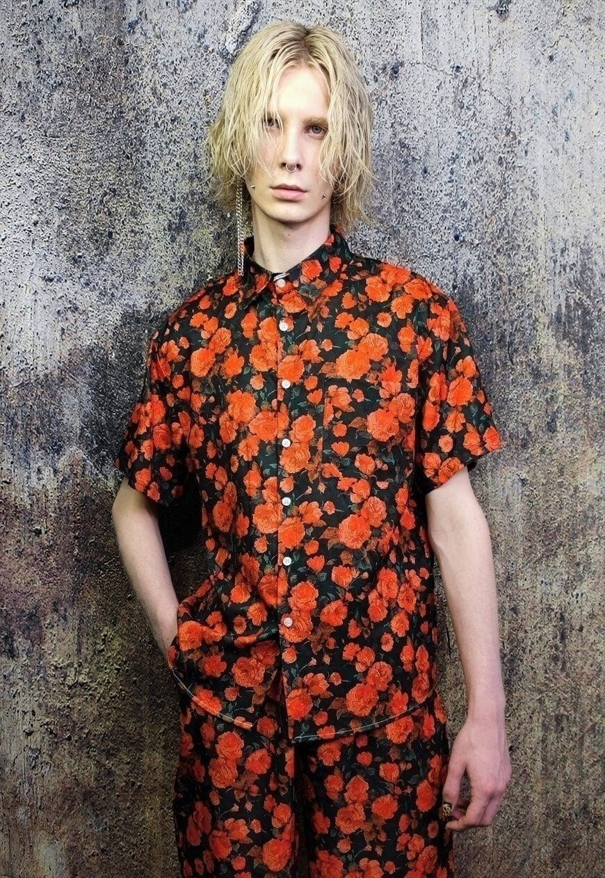 Rose shirt floral print short sleeve top in red black