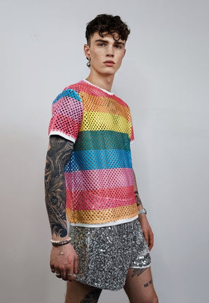 Rainbow mesh top Gay pride sheer t-shirt see-through tee