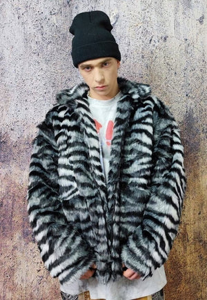 Faux fur stripe jacket retro fluffy fleece zebra bomber grey