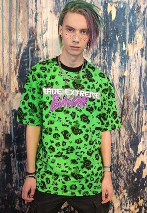 Leopard print tee fluorescent graffiti slogan t-shirt green