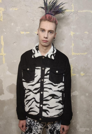 Animal print corduroy jacket zebra fleece patch bomber black