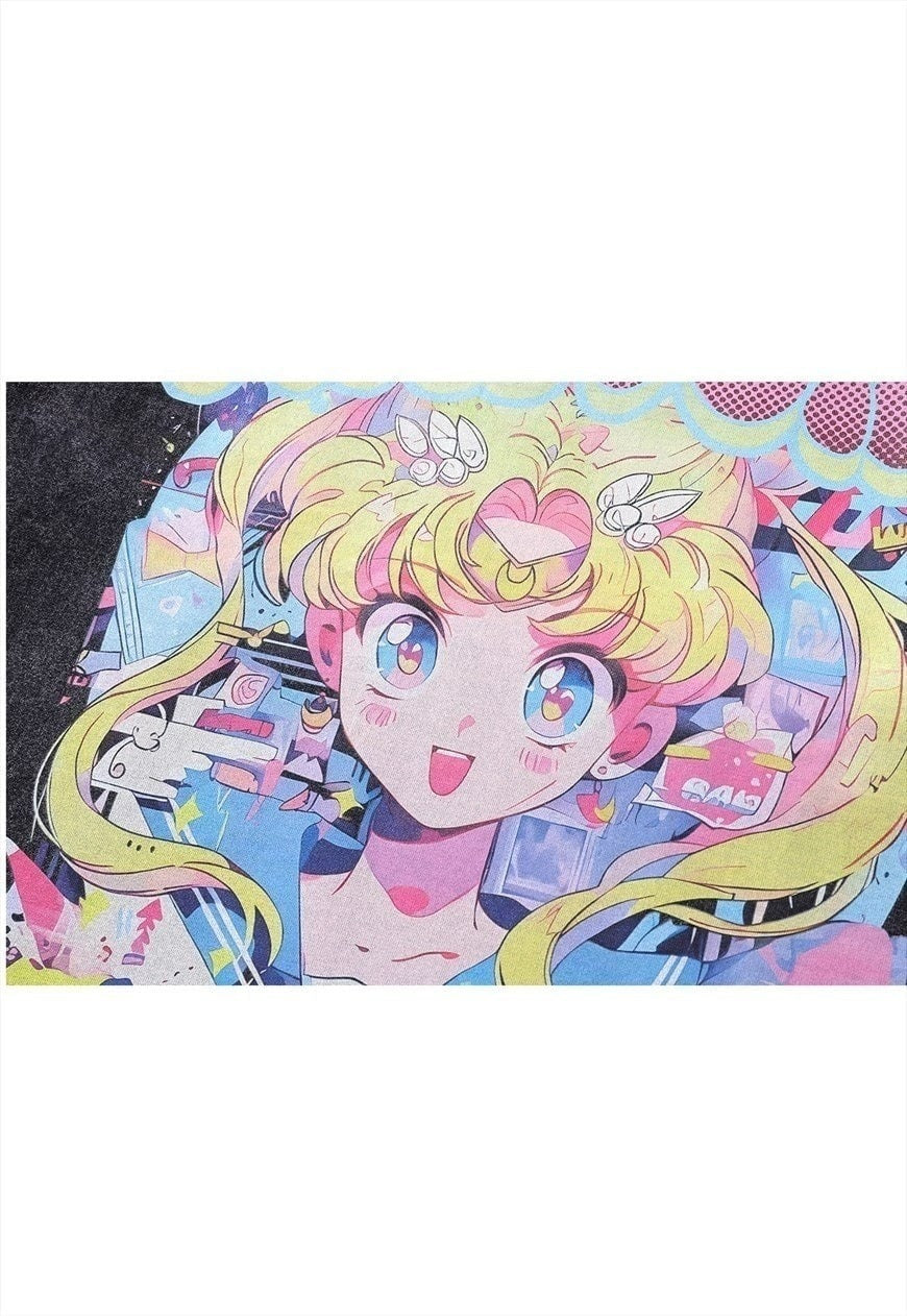 Anime print t-shirt retro Japanese top grey