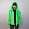 Hooded neon faux fur jacket shaggy coat bright raver bomber fluffy trench winter fleece festival jacket burning man overcoat in green