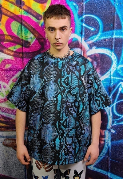 Snake print tee handmade python t-shirt rave top in blue