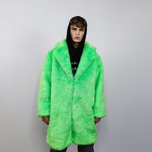 Neon faux fur longline coat shaggy trench bright raver bomber fluffy winter fleece festival jacket burning man coat in green