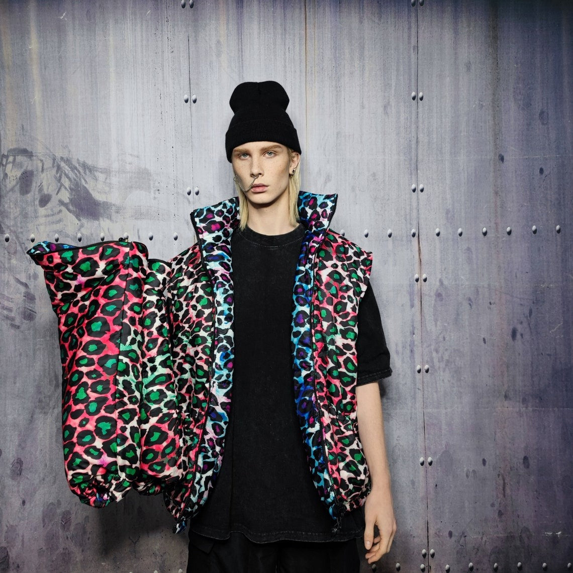 Leopard bomber handmade detachable animal print puffer reversible tie-dye raver jacket grunge devil horn coat two sided jacket in pink blue