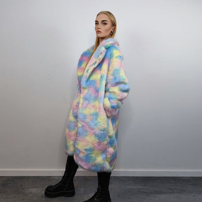 Faux fur long unicorn coat rainbow trench pastel raver bomber fluffy winter tie-dye fleece festival jacket burning man barbie coat pink blue