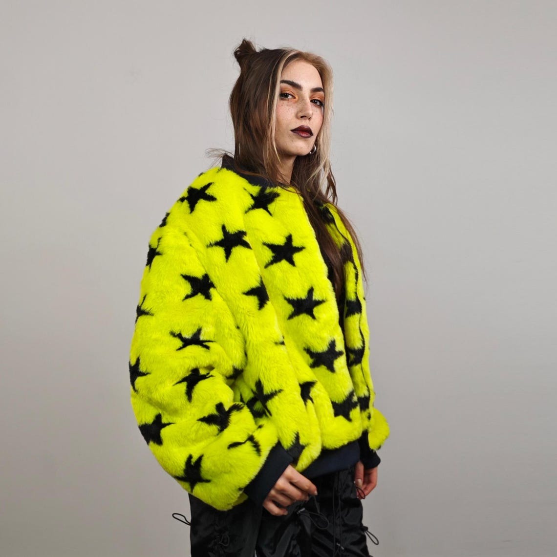 Star print varsity jacket yellow faux fur short coat college fleece bomber geometric jacket detachable sleeves party overcoat festival set