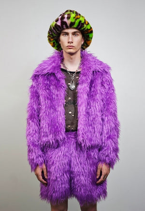 Faux fur shorts purple shaggy cropped pants raver joggers