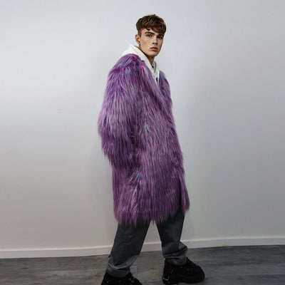 Shaggy faux fur lavender coat long neon trench bright raver bomber fluffy winter fleece luminous festival jacket burning man overcoat purple