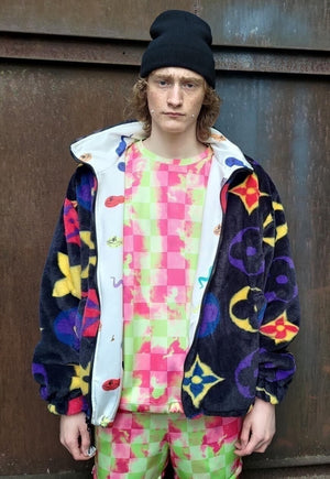 Floral fleece jacket handmade reversible geometric bomber