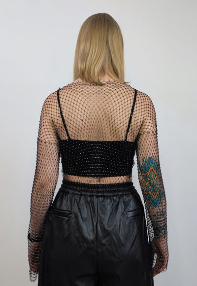 Netted mesh top diamante transparent glitter t-shirt black