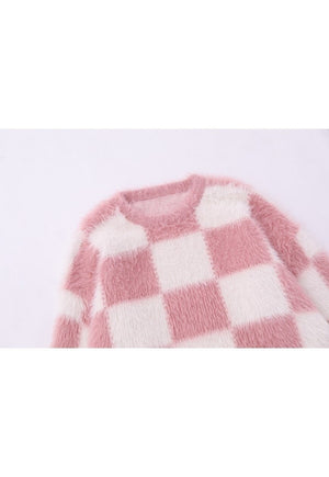 Checkboard sweater fluffy knitted jumper soft check top pink