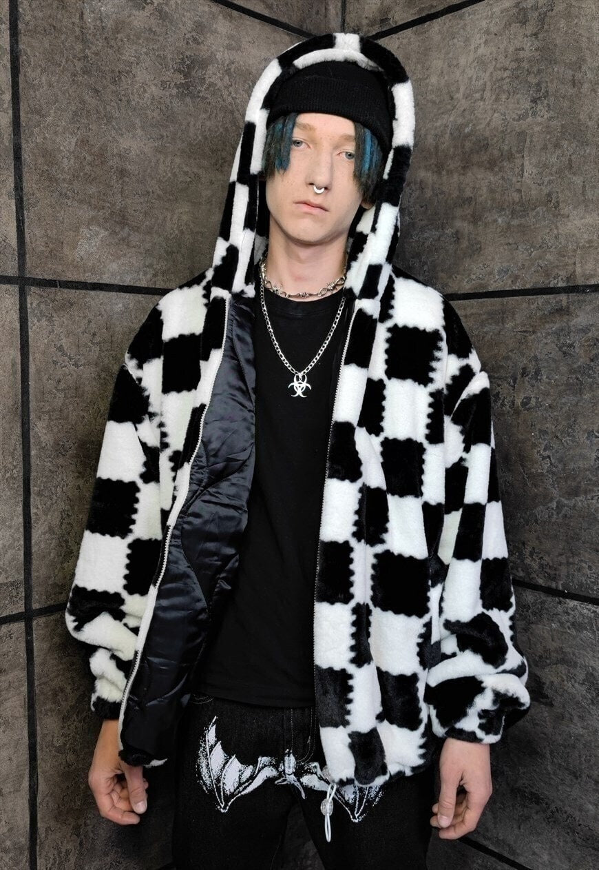 Checkerboard fleece jacket detachable check jacket in white