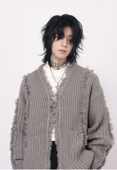 Ripped cardigan stripe textured jumper knitted punk top grey