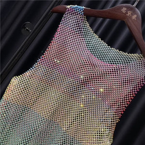 Transparent rainbow dress sleeveless Gay pride mesh gown LGBT rhinestone sundress see-through embellished frock party sheath diamante blouse