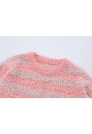 Striped sweater fluffy knit jumper soft fleece pastel pink