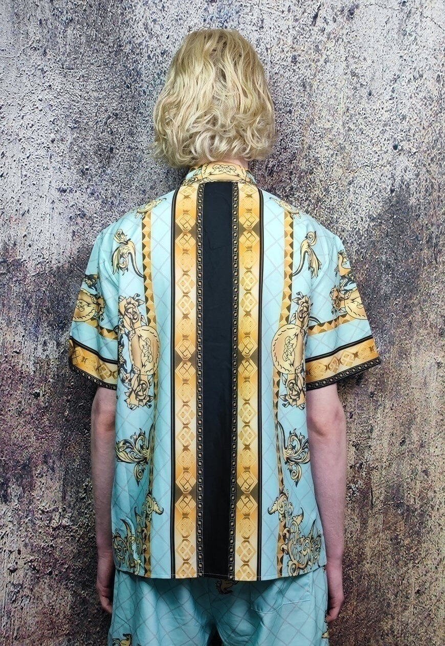 Baroque shirt golden flowers print short sleeve top in blue