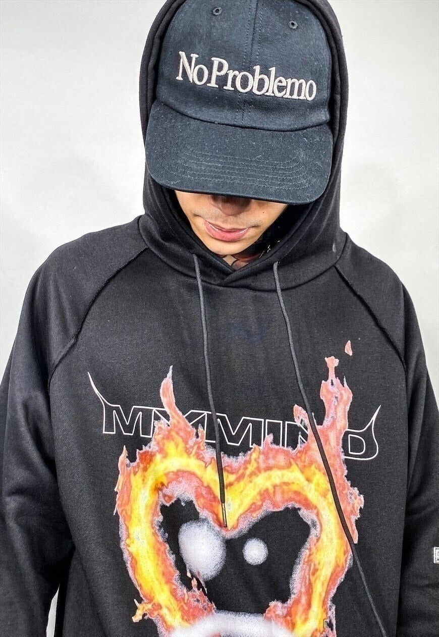 Flame heart print hooded top fire burn Korean hoodie black