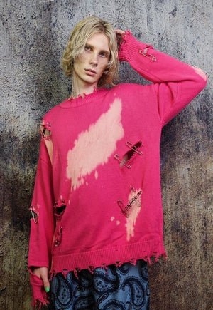 Ripped tie-dye sweater gradient bleached jumper in pink